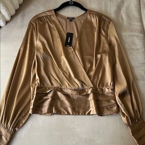 Express Tan Wrap Satin Blouse